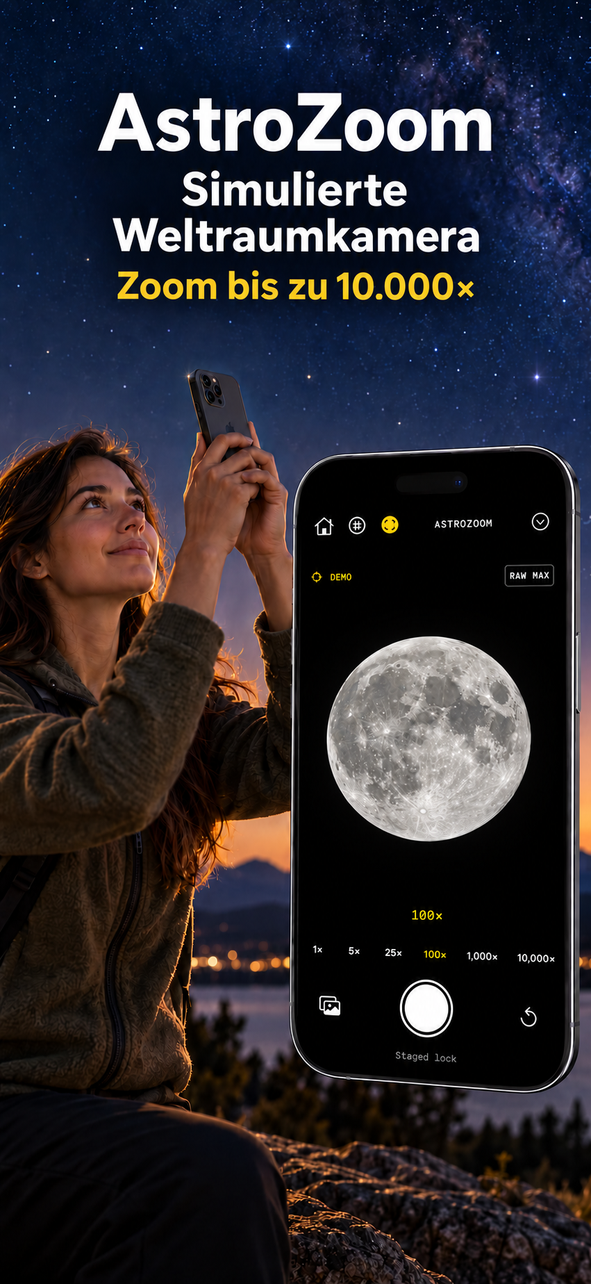Frau verwendet AstroZoom neben einer Appansicht mit vollständig sichtbarem Mond und dem Text Simulierte Weltraumkamera