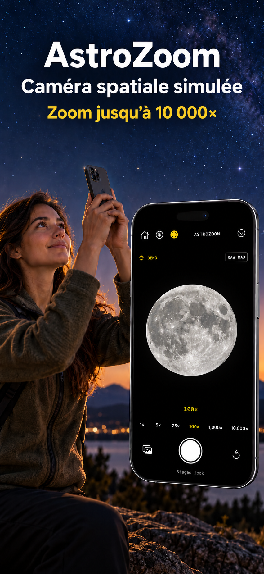 Femme utilisant AstroZoom à côté d’une vue de l’app montrant la Lune entière et le texte Caméra spatiale simulée