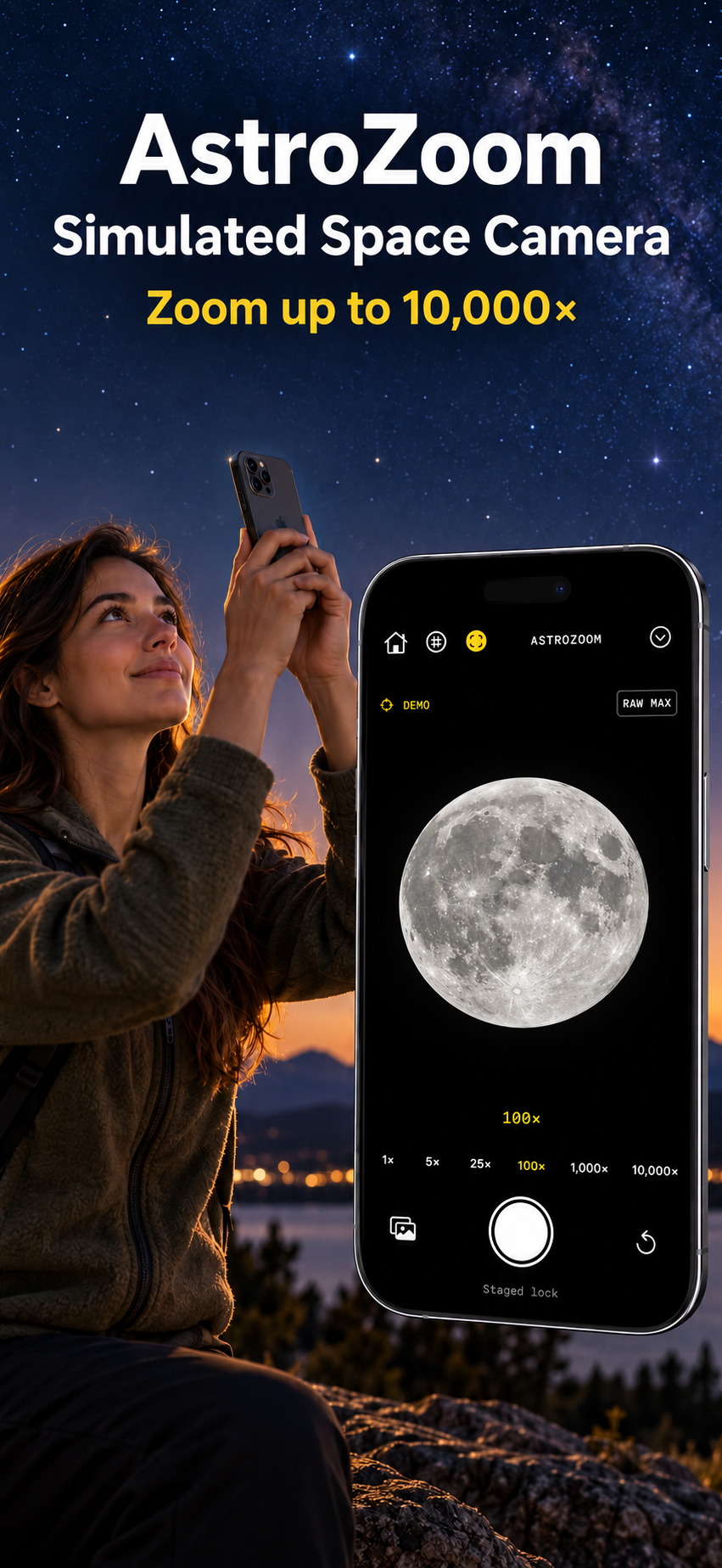 Generated lifestyle scene of a woman using AstroZoom with the app visible beside her and the words AstroZoom Simulated Space Camera