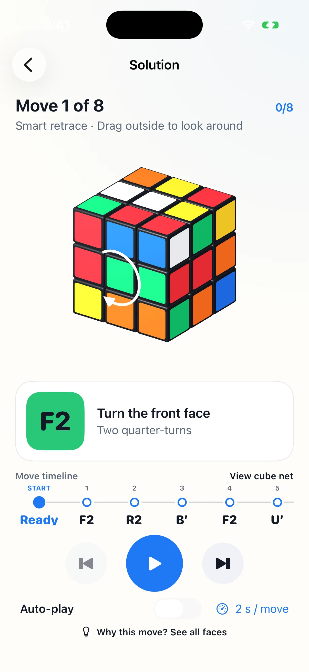 Current Cube Solver Solution screen with a scrambled 3D cube, directional turn arrow, F2 instruction, step timeline and playback controls