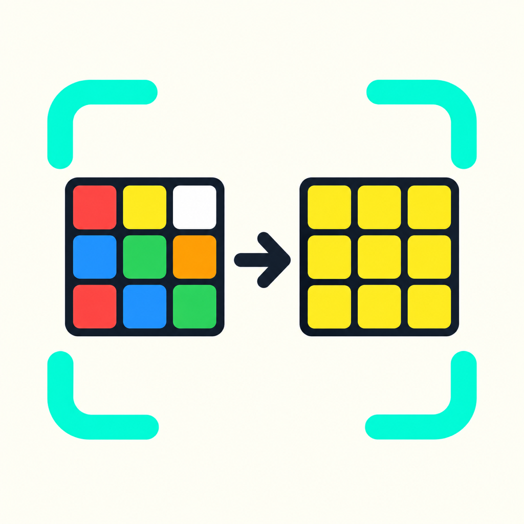Cube Solver icon with a scrambled cube becoming solved inside bright teal camera corners