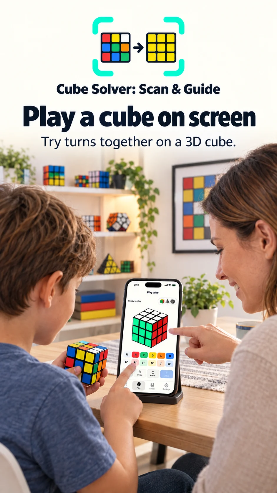 A boy and his mother playing a cube together in Cube Solver on one iPhone