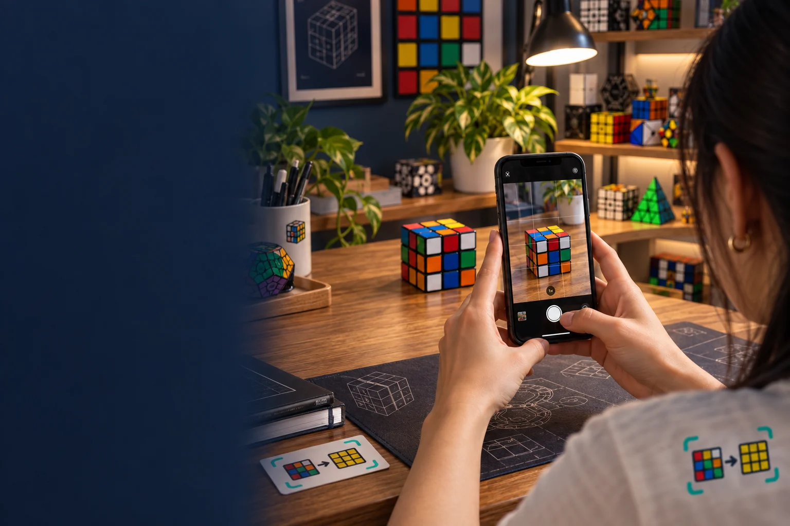 Illustrative scene of a person aiming a Cube Solver-style scan view at a real scrambled cube