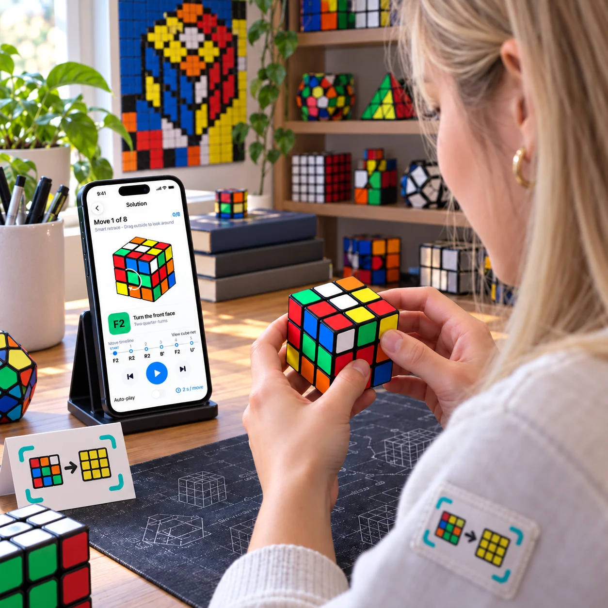 Illustrative scene of a person following Cube Solver on a phone while turning a physical cube
