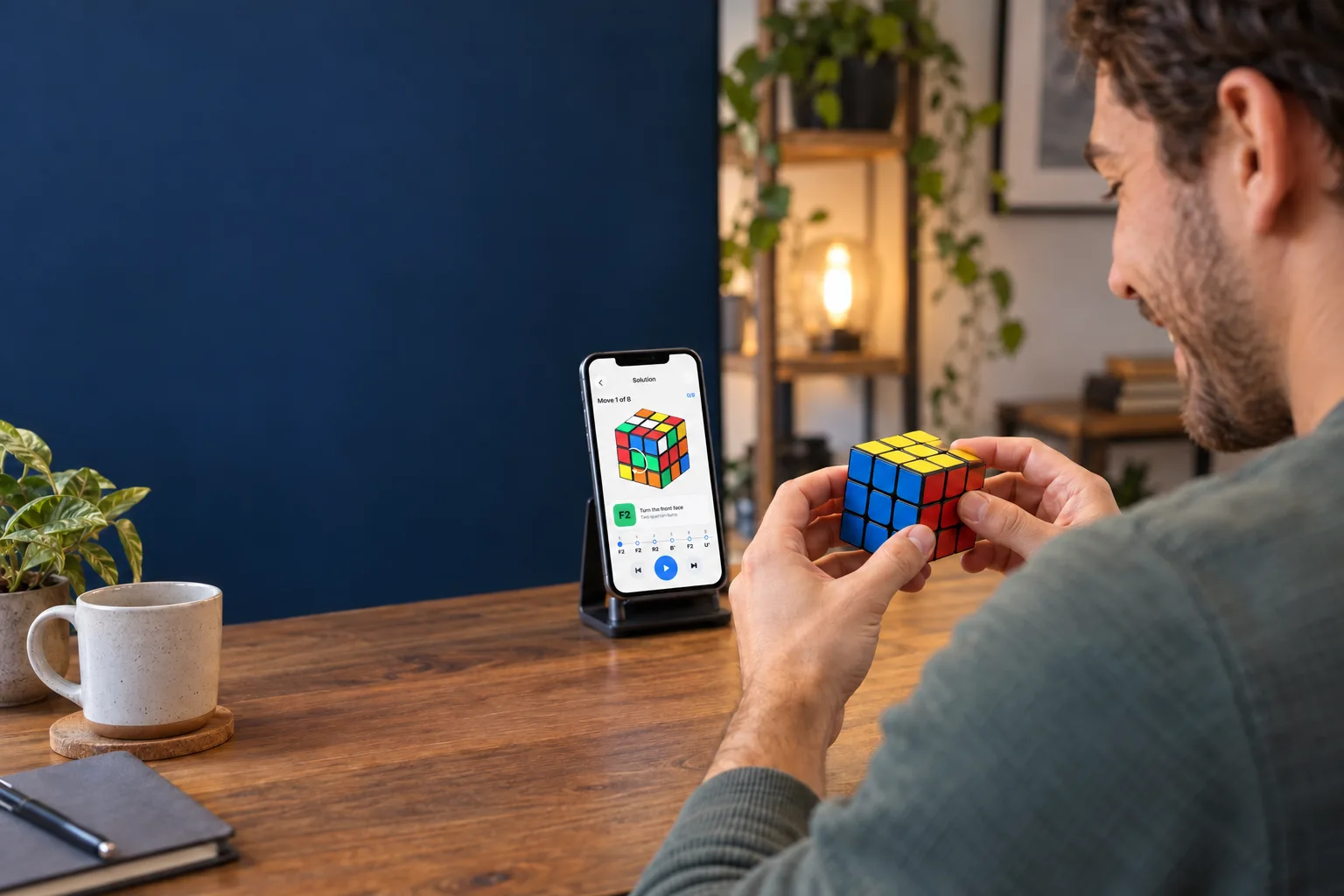 Illustrative scene of a person turning a physical 3×3 cube while looking at a Cube Solver-style solution guide on a phone