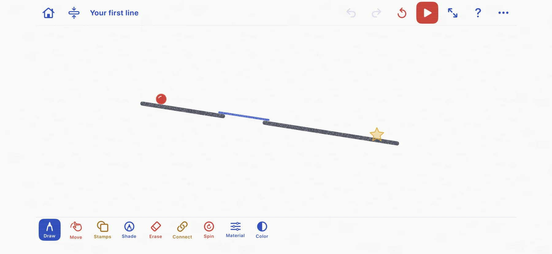Actual Drawn to Physics puzzle screen with a red ball, a drawn blue bridge, and a yellow goal star