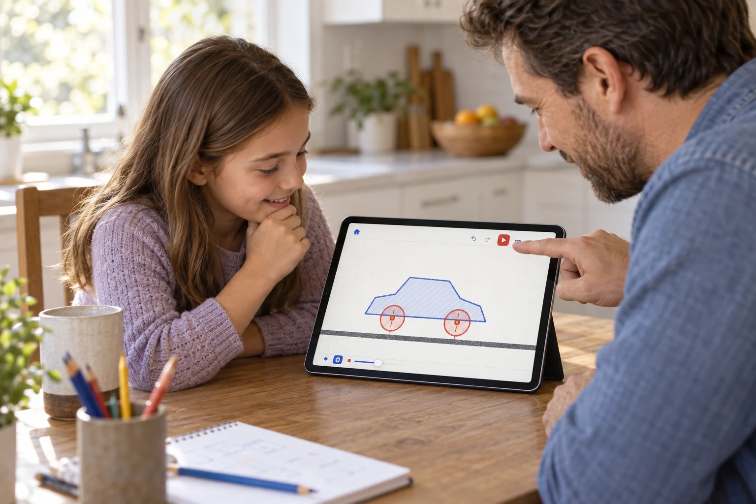 Lifestyle image of a father and daughter testing a blue car they built together in Drawn to Physics on an iPad