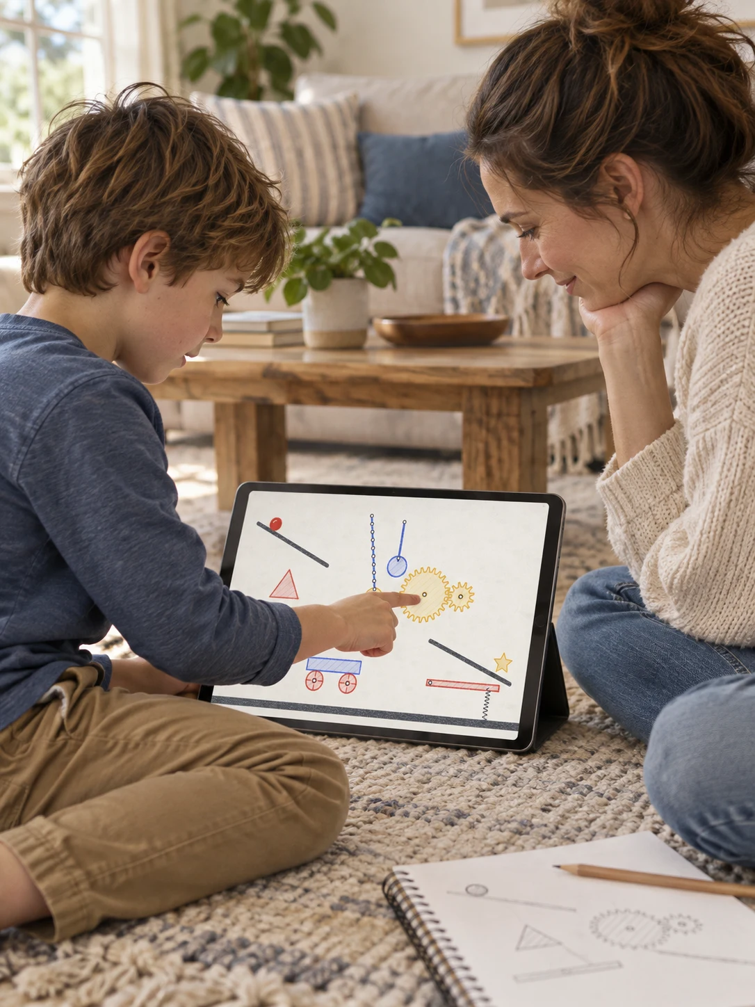 Lifestyle image of a mother and son exploring a chain-reaction machine together in Drawn to Physics on an iPad