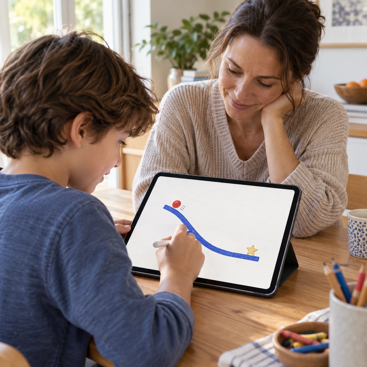 Lifestyle image of a child drawing a blue ramp on an iPad while a parent watches a red ball roll toward a yellow star