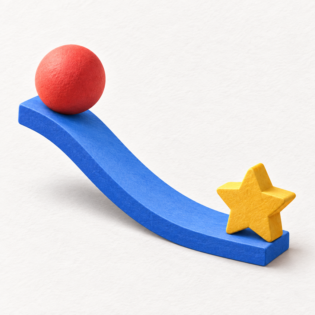 Drawn to Physics icon with a red ball on a curved blue ramp beside a yellow star