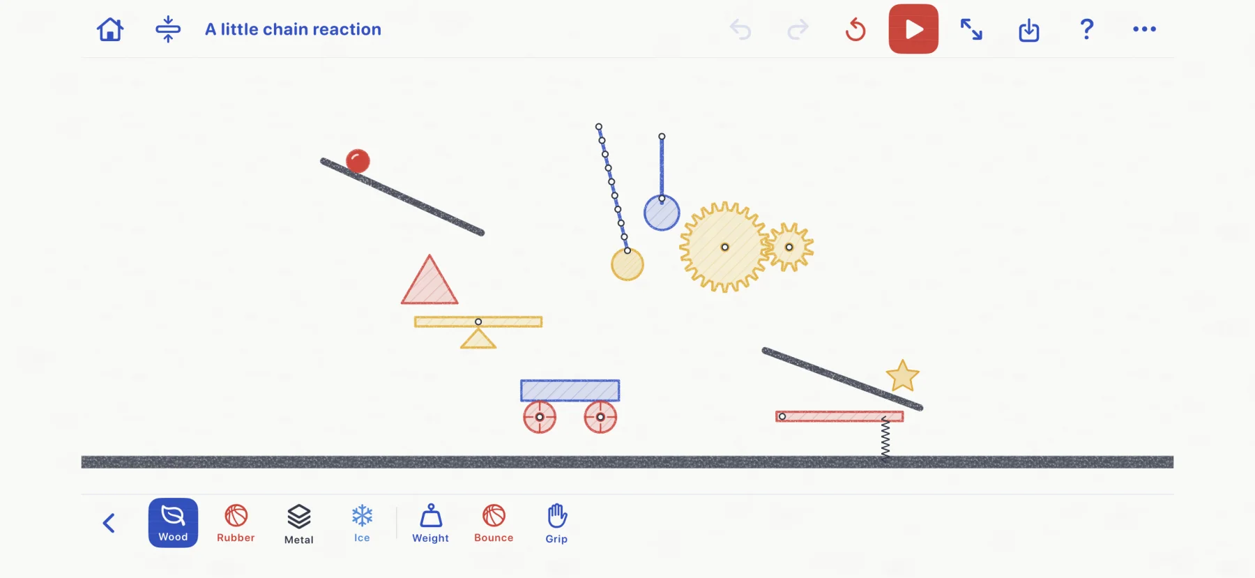 Actual Drawn to Physics material controls for wood, rubber, metal, ice, weight, bounce, and grip