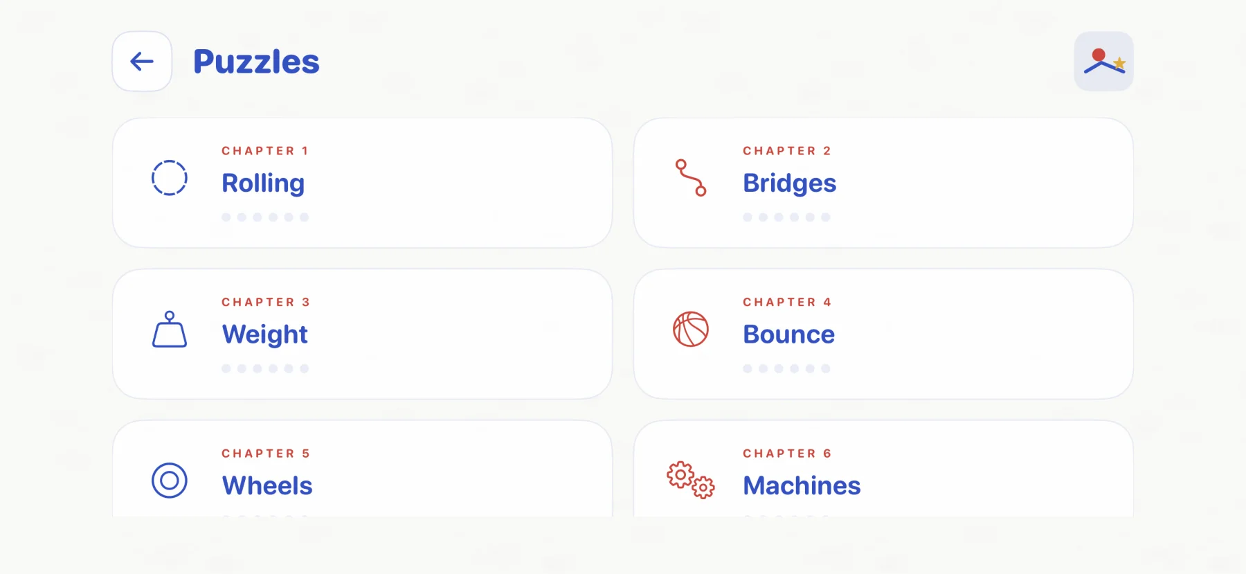 Actual Drawn to Physics chapter screen showing six groups of physics puzzles