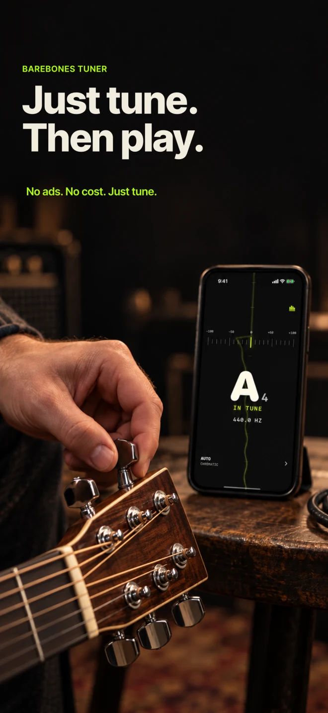 Barebones Tuner App Store artwork showing a guitarist tuning with the app